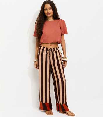 Petite Brown with Linen Stripe Wide Leg Trousers