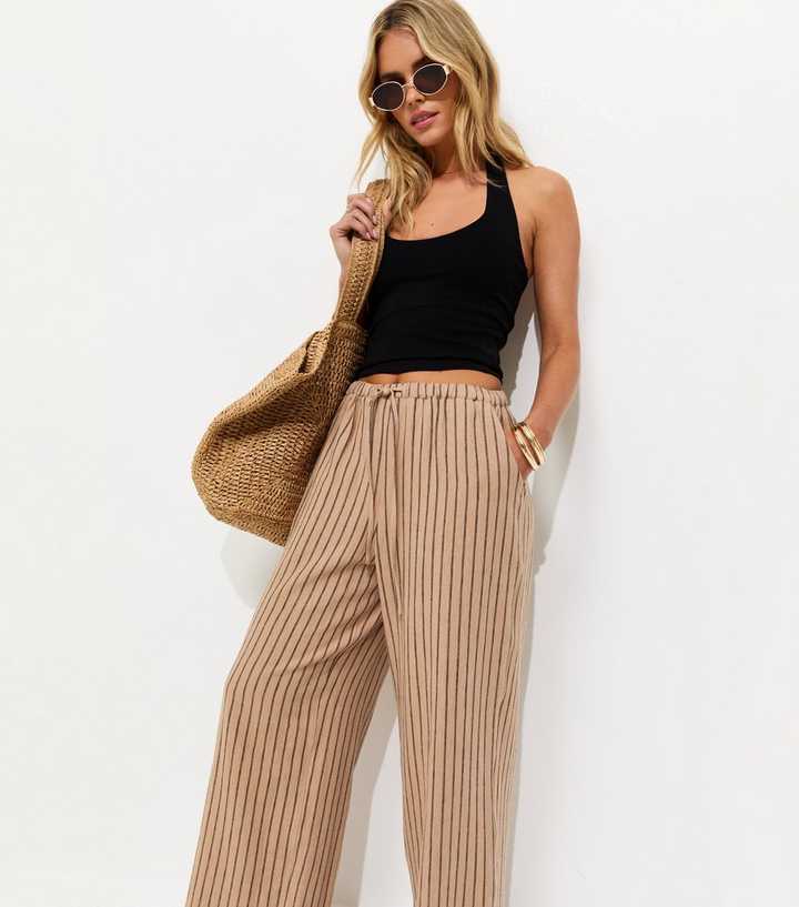 Petite Brown Striped Cotton Wide Leg Trousers