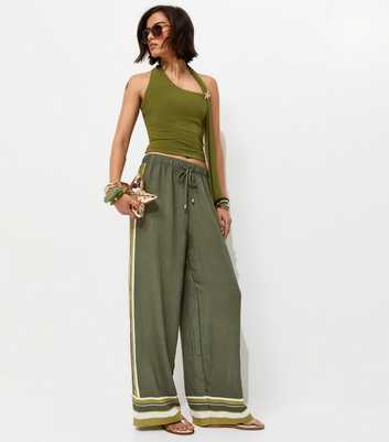 Green Striped Trim Wide Leg Trousers