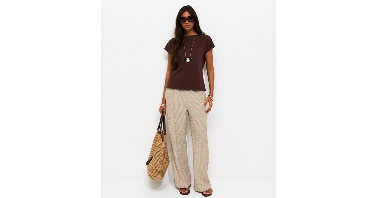 Brown Textured Stripe Wide Leg Trousers