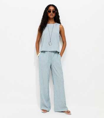 Blue Textured Stripe Wide Leg Trousers