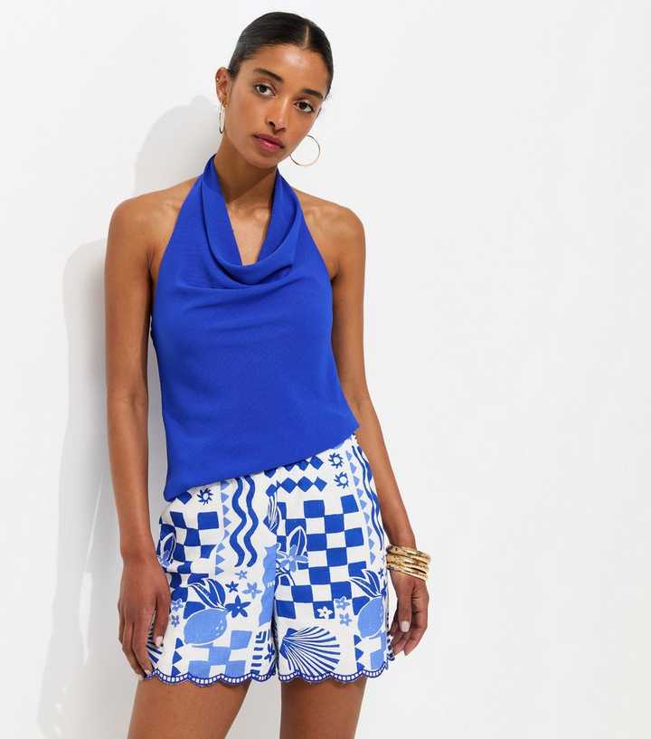 Blue Shell Print Scallop Hem Shorts