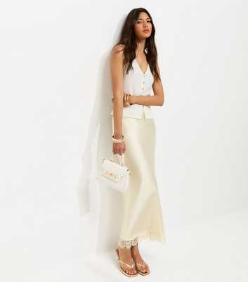 Cream Satin Lace Hem Midi Skirt