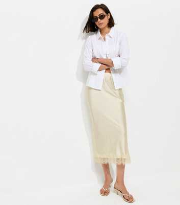Cream Satin Lace Hem Midi Skirt