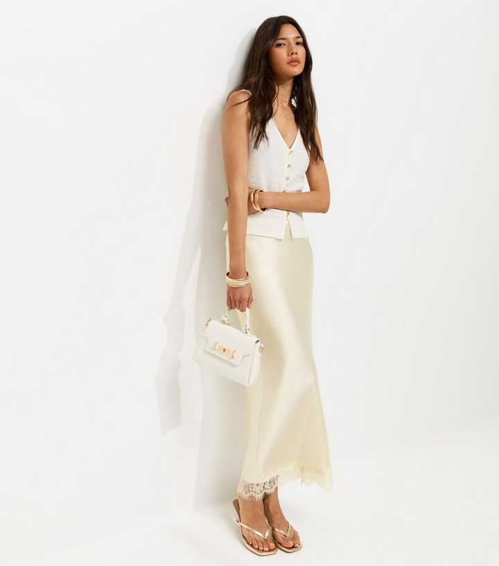 Cream Satin Lace Hem Midi Skirt