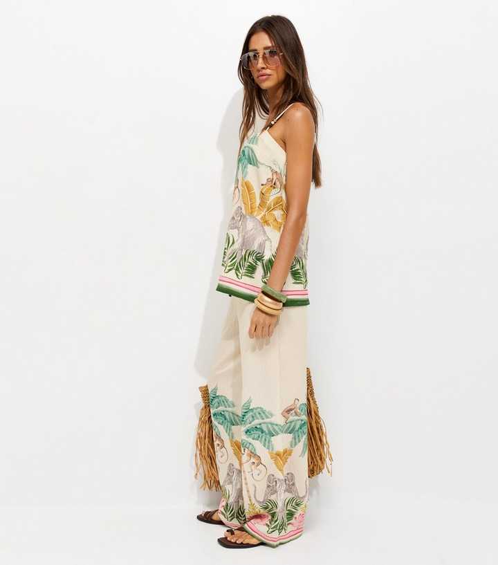 White Tropical Print Wide Leg Trousers