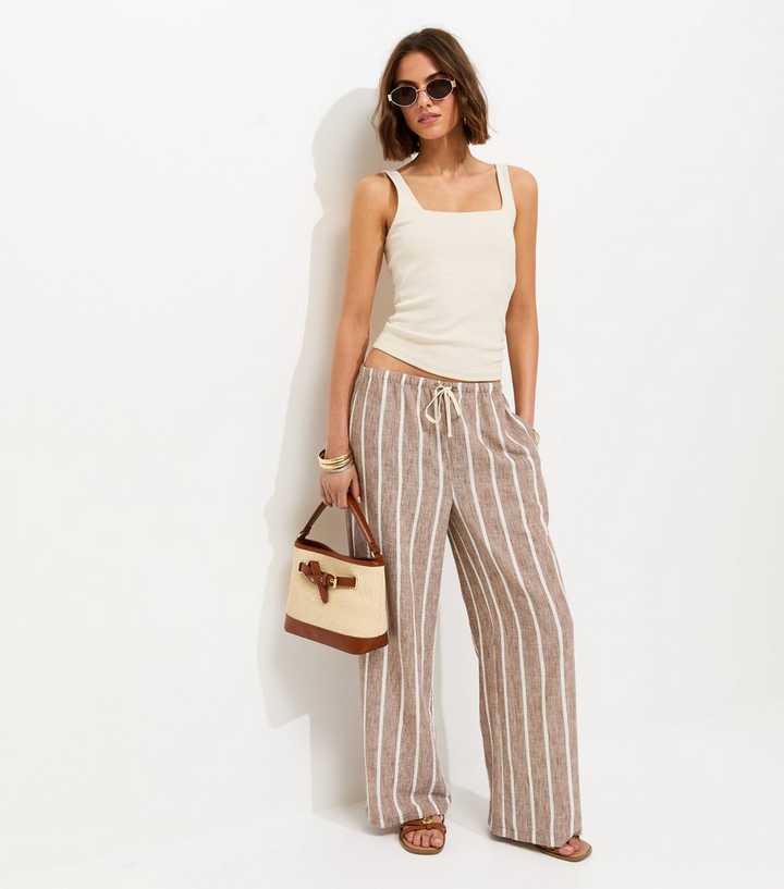 Brown Striped Wide Leg Trousers