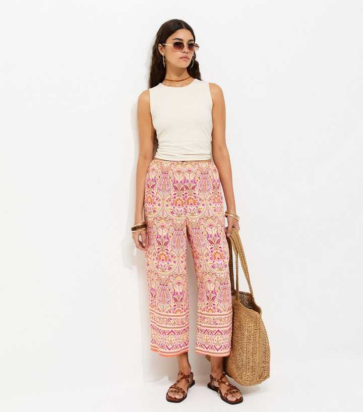 Pink Folk Print Cropped Trousers