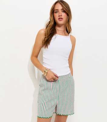 Pink Cotton Seersucker Scallop Edge Shorts