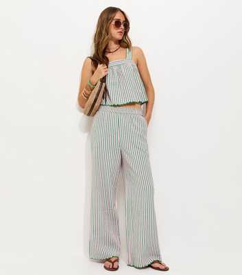 Green Cotton Seersucker Scalloped Edge Trousers