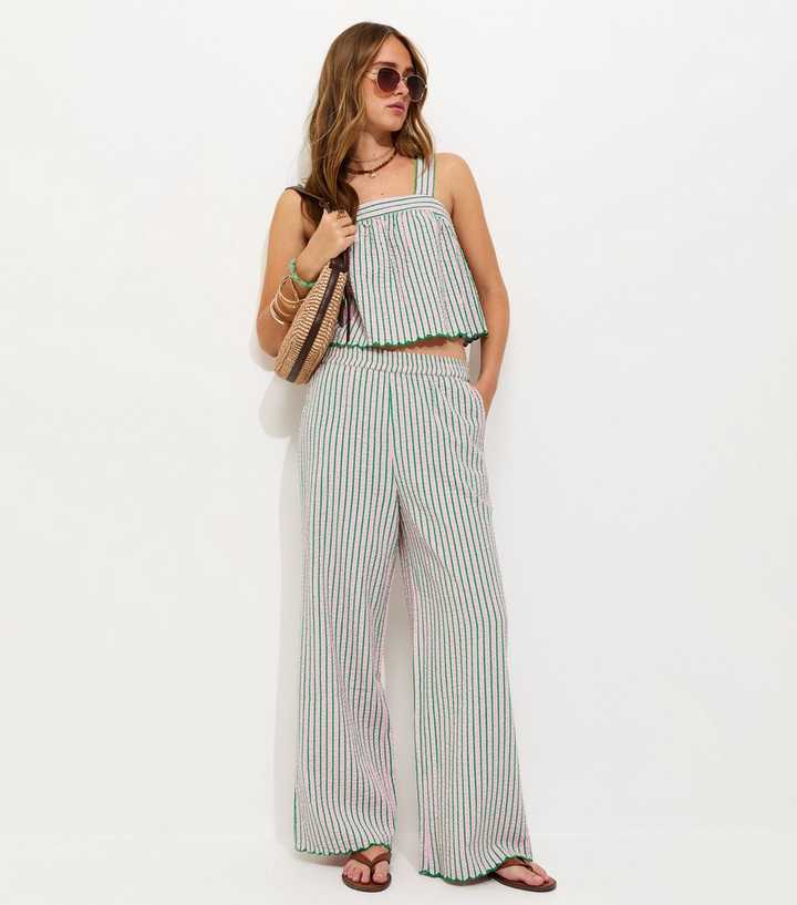 Green Cotton Seersucker Scalloped Edge Trousers