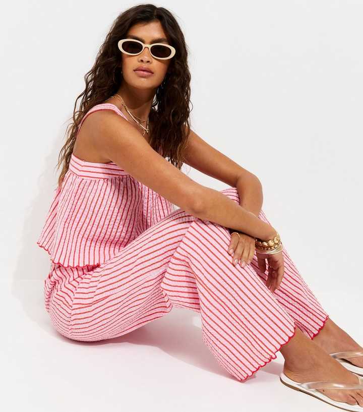 Pink Cotton Seersucker Scalloped Edge Trousers