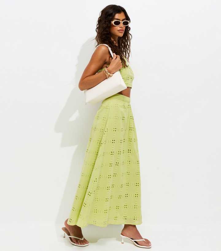 Light Green Embroidered Cut Out Maxi Skirt