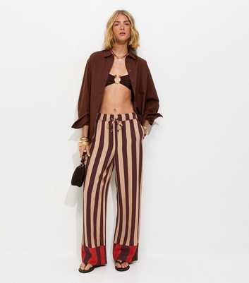 Brown Striped With Linen Wide Leg Trousers
