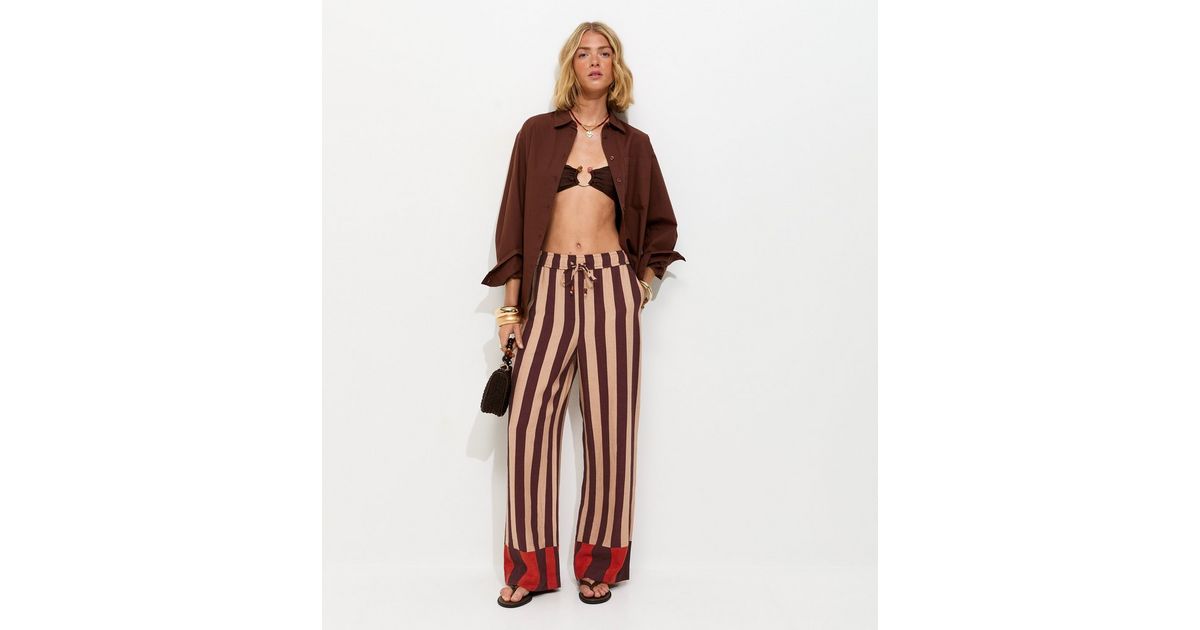 Brown Striped With Linen Wide Leg Trousers