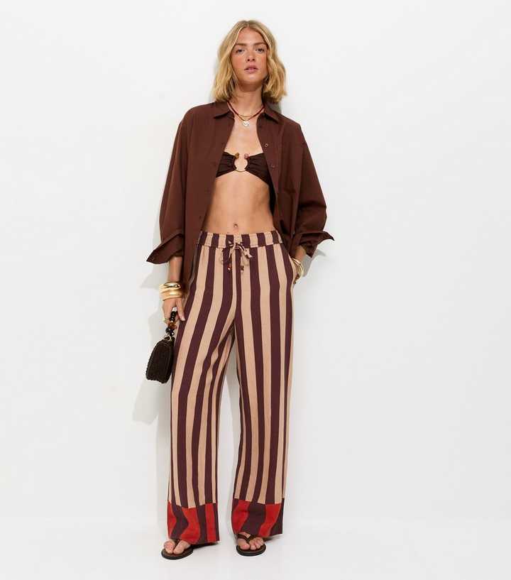 Brown Striped With Linen Wide Leg Trousers
