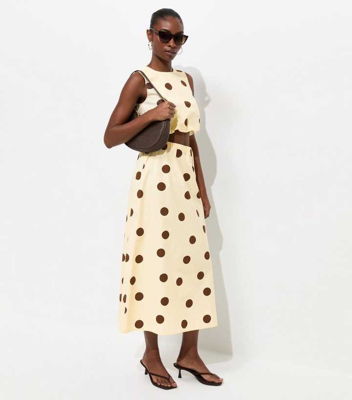 Cream and Brown Cotton Polka Dot Circle Midi Skirt
