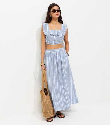 Blue Cotton Poplin Striped Circle Midi Skirt