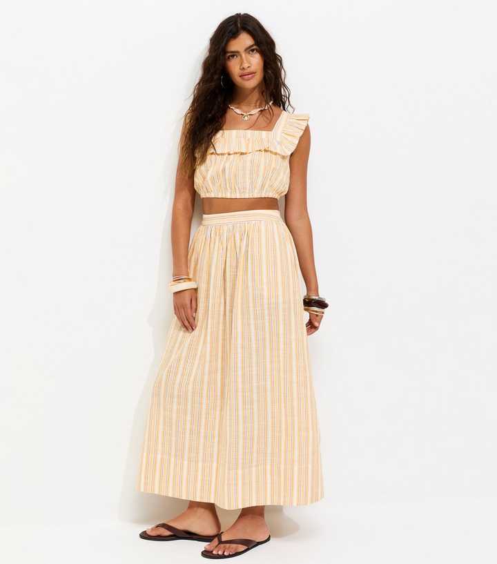 Yellow Cotton Poplin Striped Circle Midi Skirt