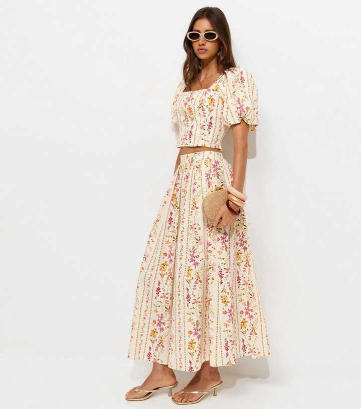 White Floral Print Midi Skirt