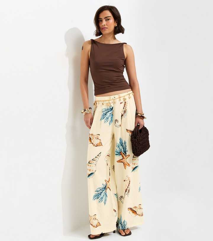 Cream Linen Rich Seahorse Print  Wide Leg Trousers