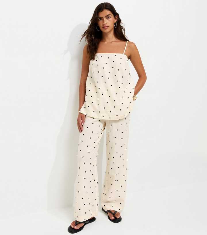 White Linen Rich Spot Print Wide Leg Trousers