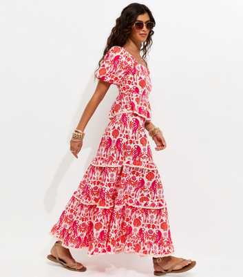 Pink Cotton Parrot Shell Print Tiered Shirred Midi Skirt