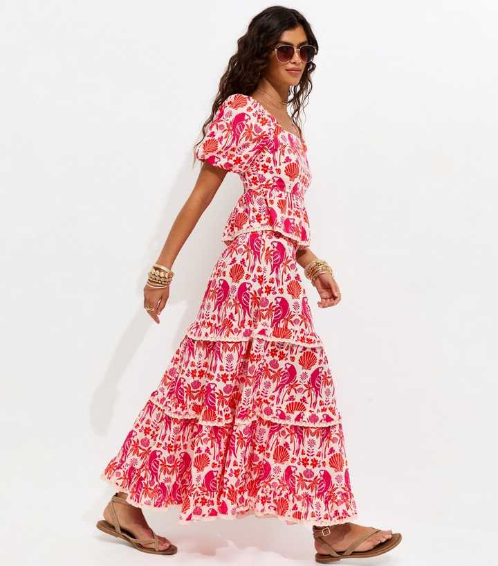 Pink Cotton Parrot Shell Print Tiered Shirred Midi Skirt