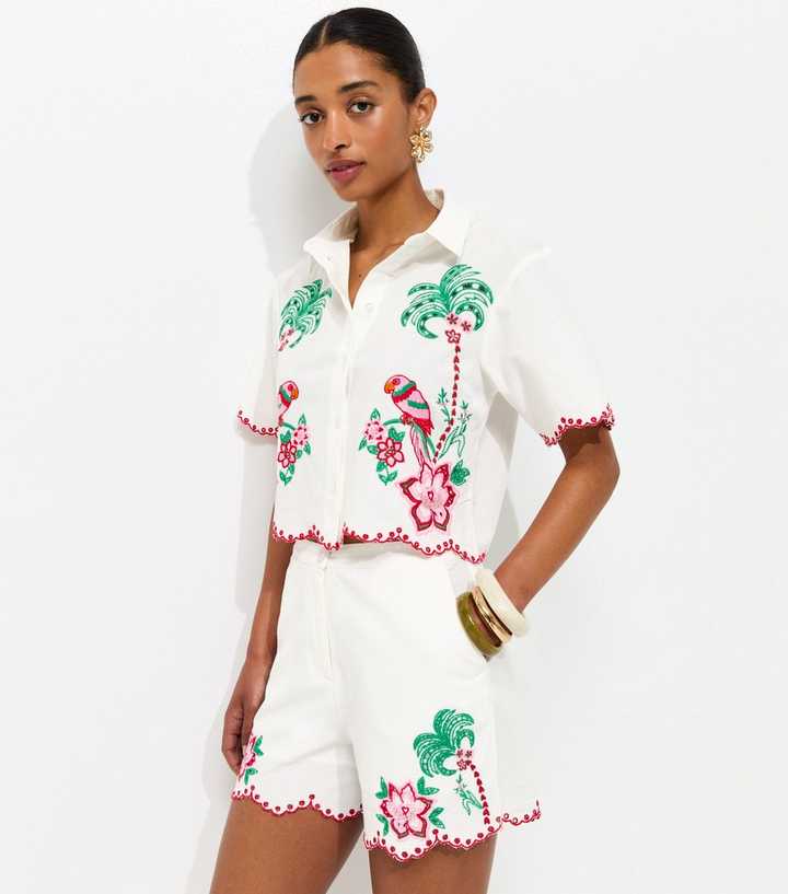 White Tropical Embroidery Shorts