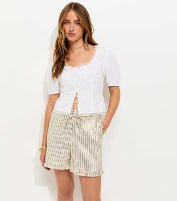 Cream Cotton Rich Striped Ruffle Hem Shorts
