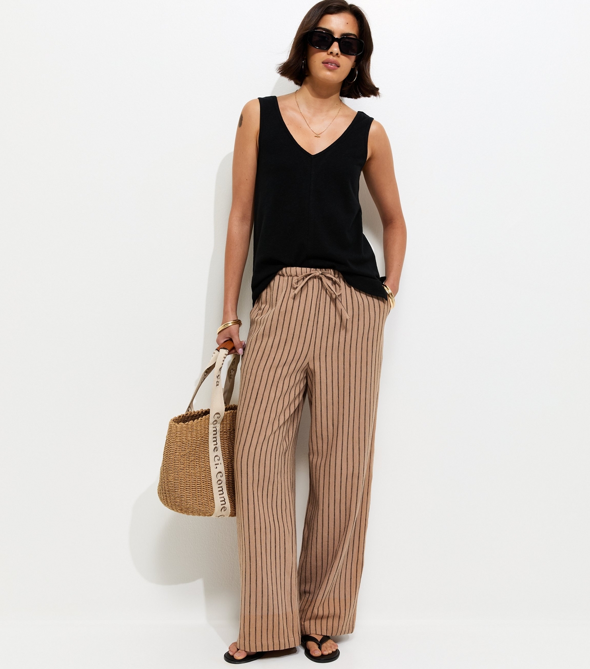 Women's Brown Cotton Striped Wide Leg Trousers New Look