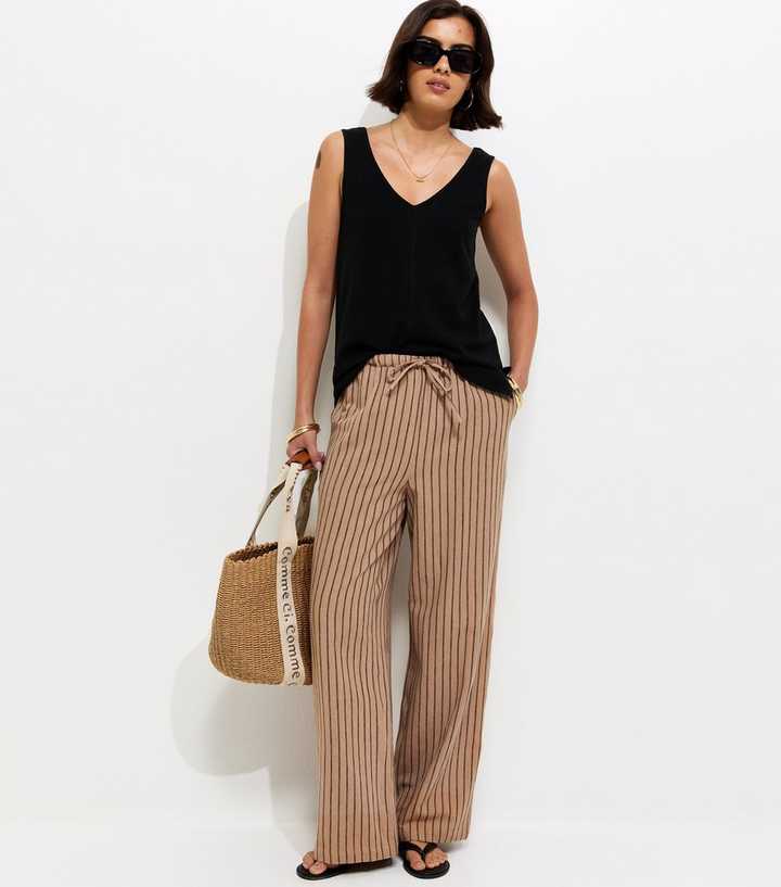 Brown Cotton Striped Wide Leg Trousers
