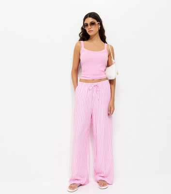 Pink Striped Seersucker Wide Leg Trousers