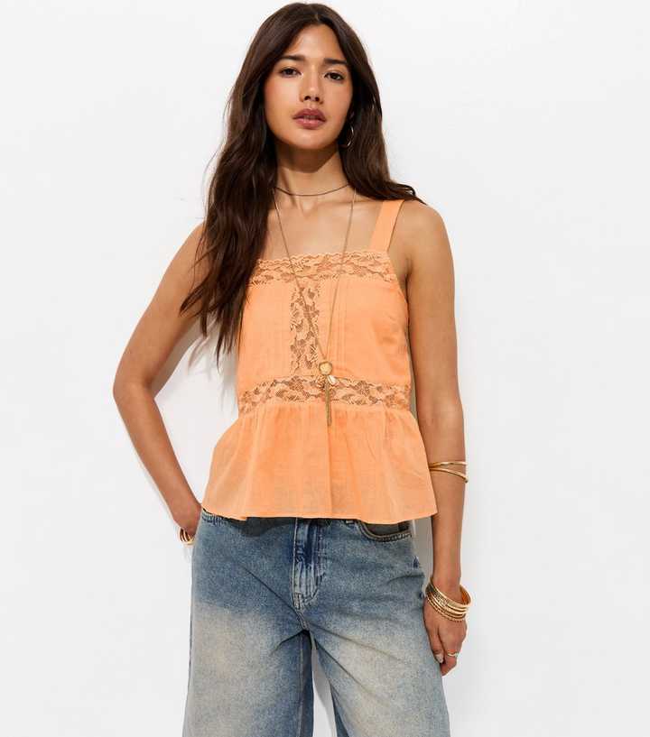 Orange Cotton Semi Sheer Lace Panelled Cami Vest Top