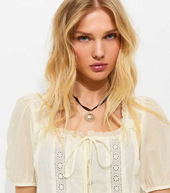 Cream Lace Insert Ruffle Trim Top