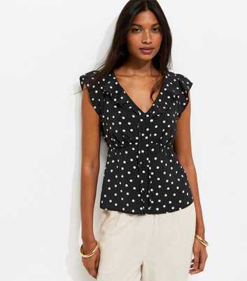 Black Spot Print Frill Trim Tea Top