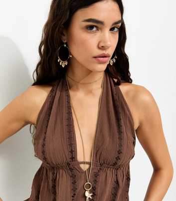 Dark Brown Cotton Rich Floral Embroidered Stripe Halter Top