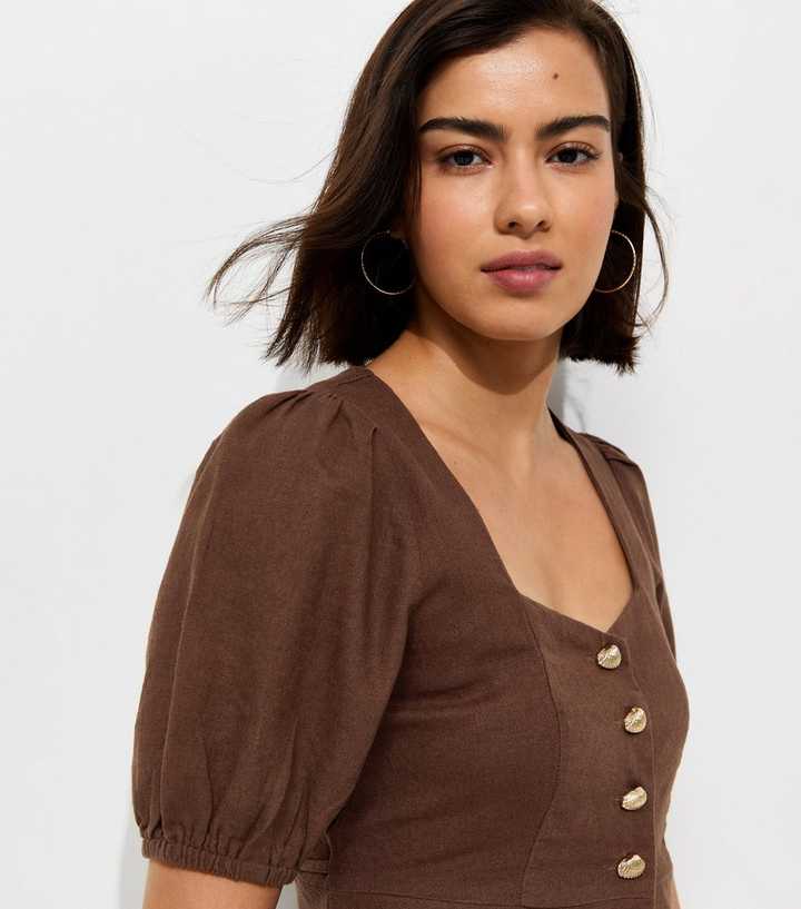 Dark Brown Linen Rich Shell Button Peplum Top | New Look