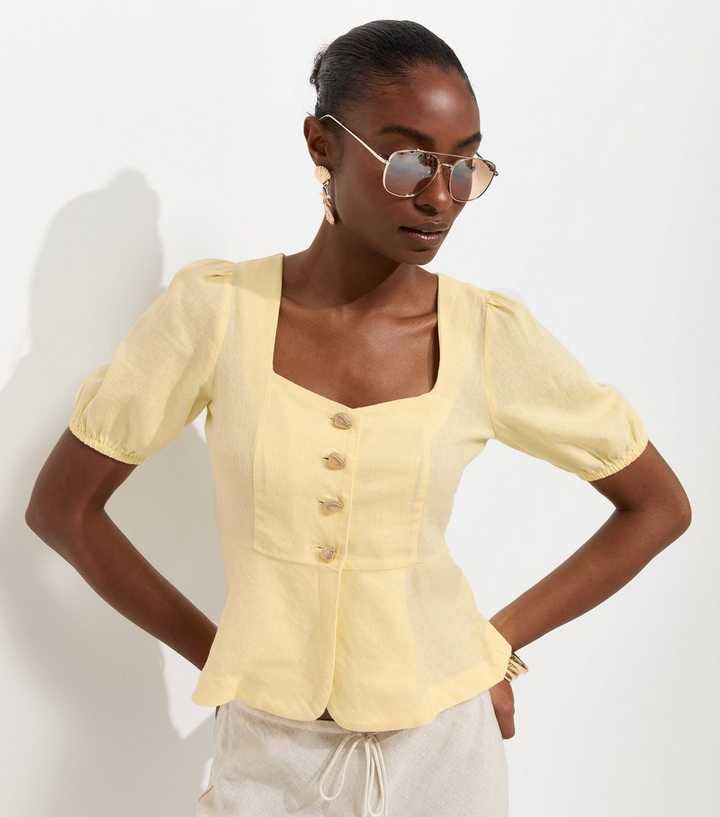 Light Yellow Linen Rich Shell Button Peplum Top