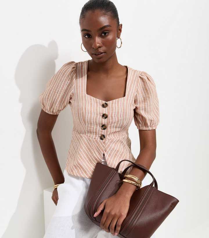 Cream Stripe Peplum Hem Puff Sleeve Top