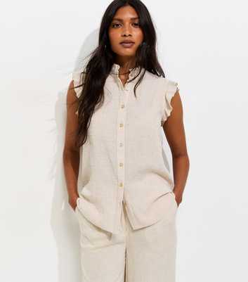 Cream Cotton Striped Sleeveless Frill Shirt