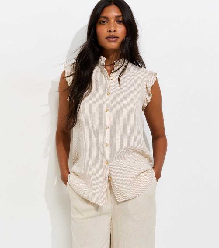 Cream Cotton Striped Sleeveless Frill Shirt