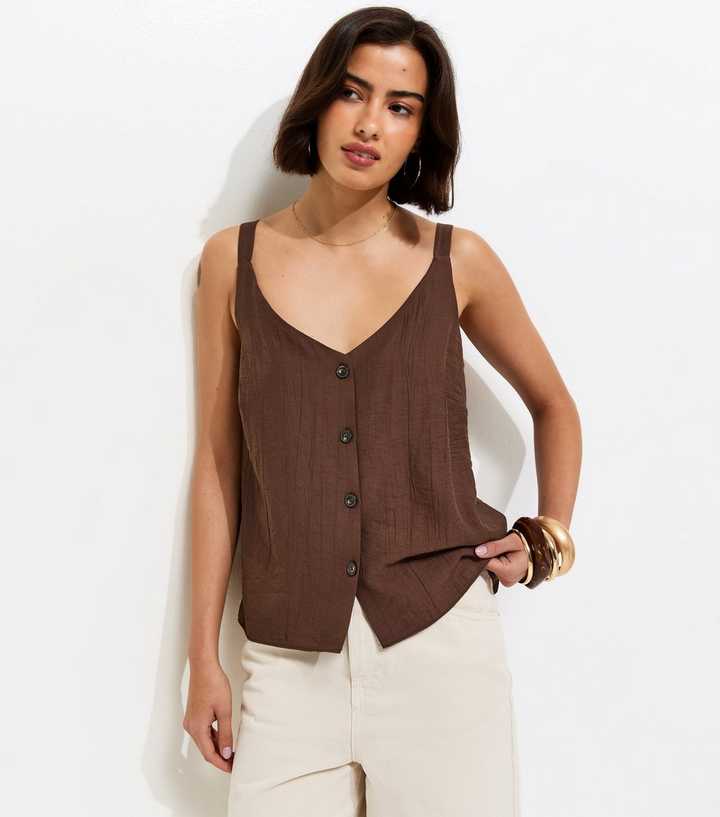 Dark Brown Button Front V-Neck Cami Top