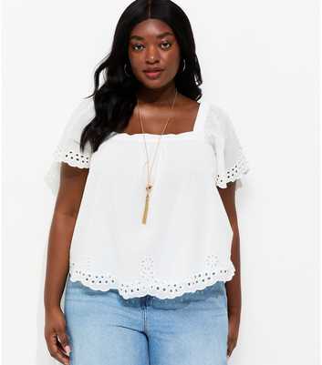 Curves White Cotton Broderie Anglaise Short Sleeve Blouse