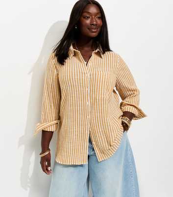 Curves Yellow Cotton Striped Long Sleeve Shirt