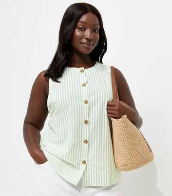 Curves Green Cotton Stripe Button Through Waistcoat