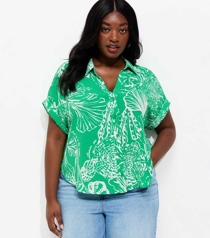 Curves Green Leaf Print Short Sleeve Shirt