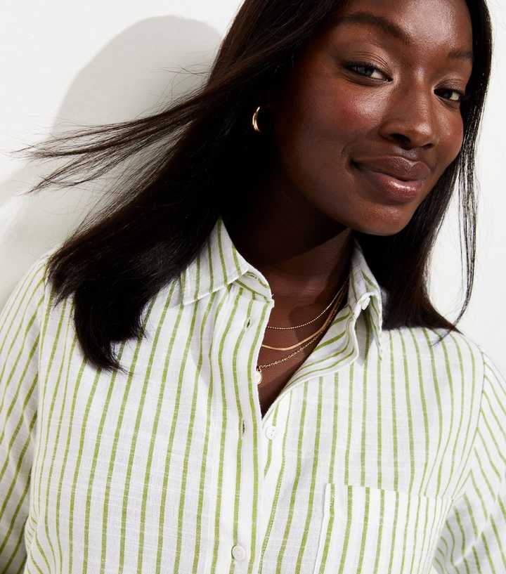 Curves Green Cotton Striped Long Sleeve Shirt