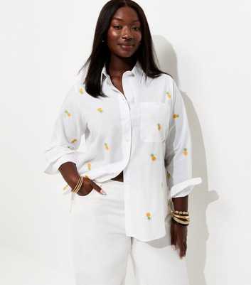 Curves White Cotton Pineapple Embroidered Shirt