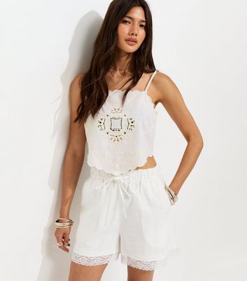 Off White Cotton Embroidered Handkerchief Hem Cami Top | New Look